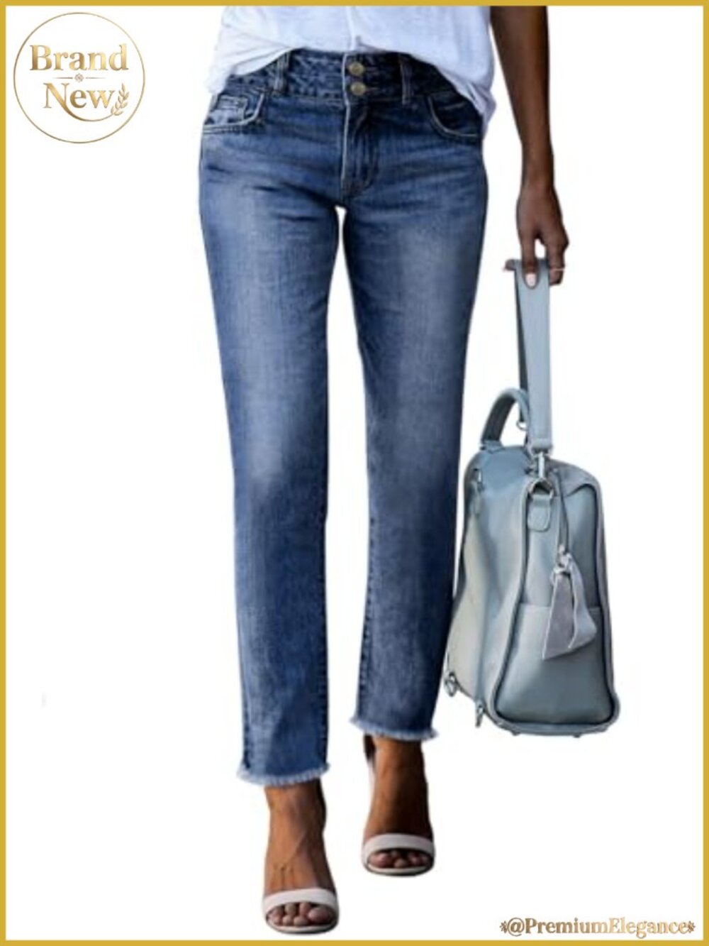 High Waisted Raw Hem Straight Leg Jeans Cotton Blend Stretch Denim